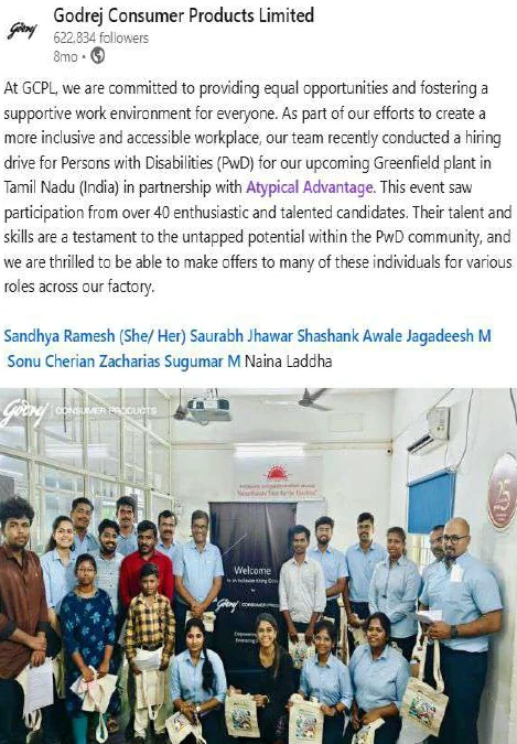 LinkedIn post by Godrej Consumer Products on its hiring drive for persons with disabilities