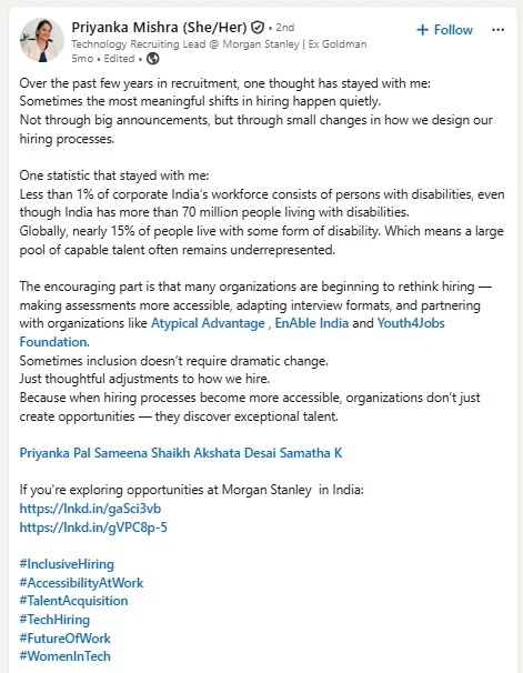 LinkedIn post by a Morgan Stanley recruiting lead on inclusive hiring with Atypical Advantage