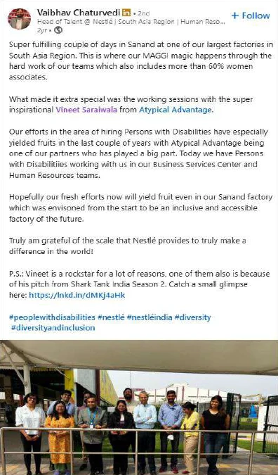 LinkedIn post by Nestlé on hiring persons with disabilities with Atypical Advantage