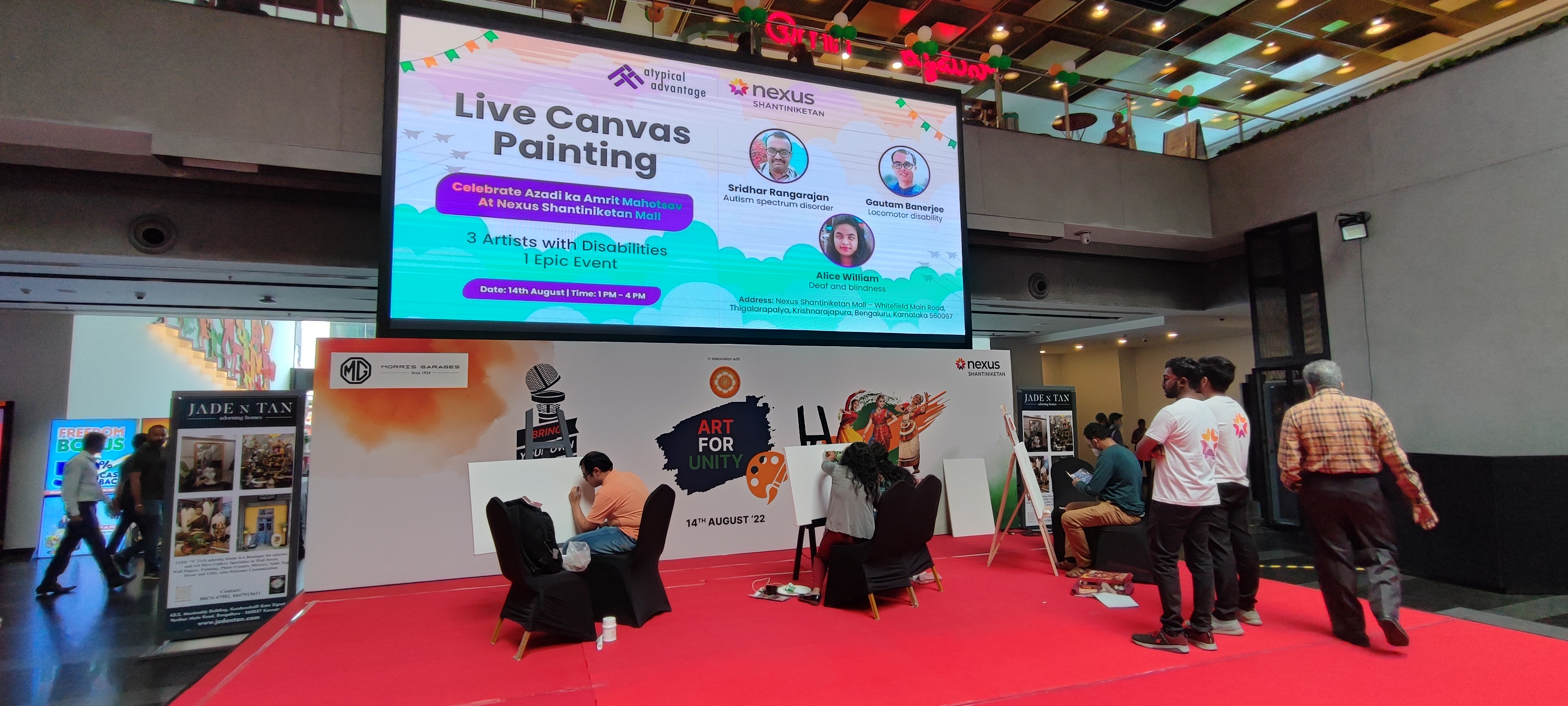 3 talented artists with disabilities created powerful live canvas paintings at Bengaluru’s Nexus Shantiniketan Mall, capturing their vision of freedom and peace on the 75th Independence Day turning art into a voice for inclusion and national pride.